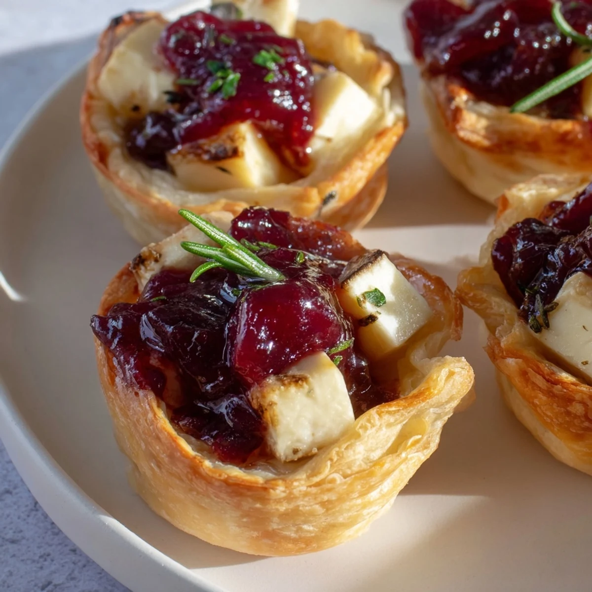 Express Cranberry Sauce Brie Bites sizzling with melted Brie and sweet cranberry atop golden pastry.