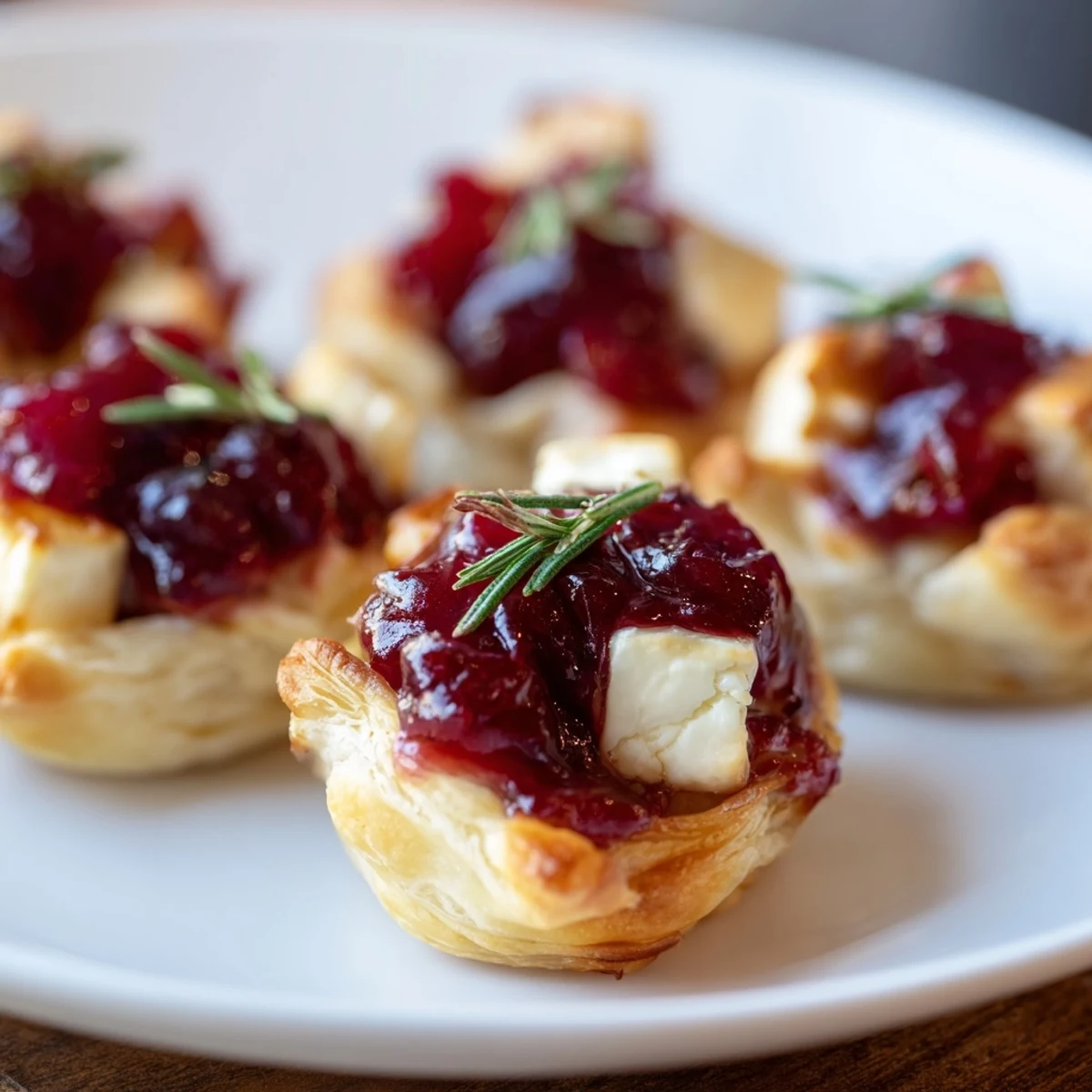 Flaky, golden puff pastry cups hold creamy Brie and tart cranberry sauce to make elegant bites.