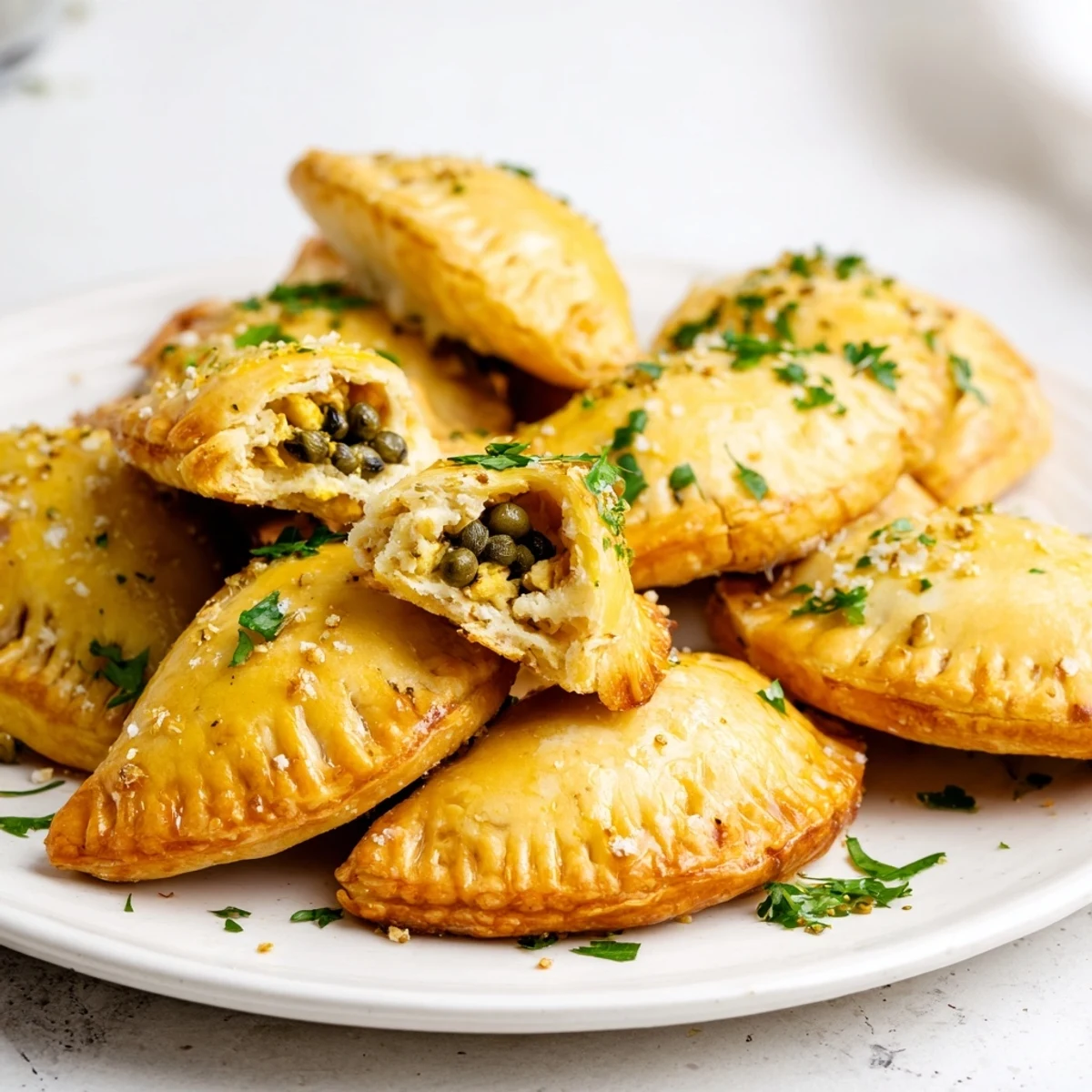 Flaky golden Chicken Piccata Mini Hand Pies, filled with savory chicken, capers, and lemon zest.