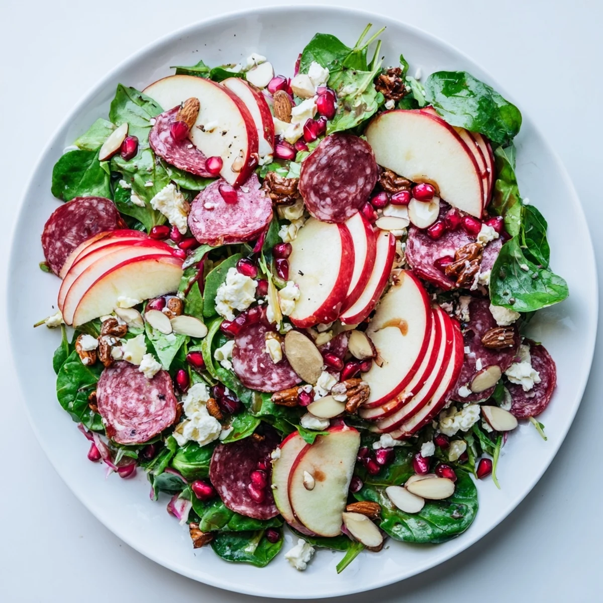 Festive Hot Girl Christmas Salad, featuring colorful greens, hard salami, and creamy cheese, ready to enjoy.