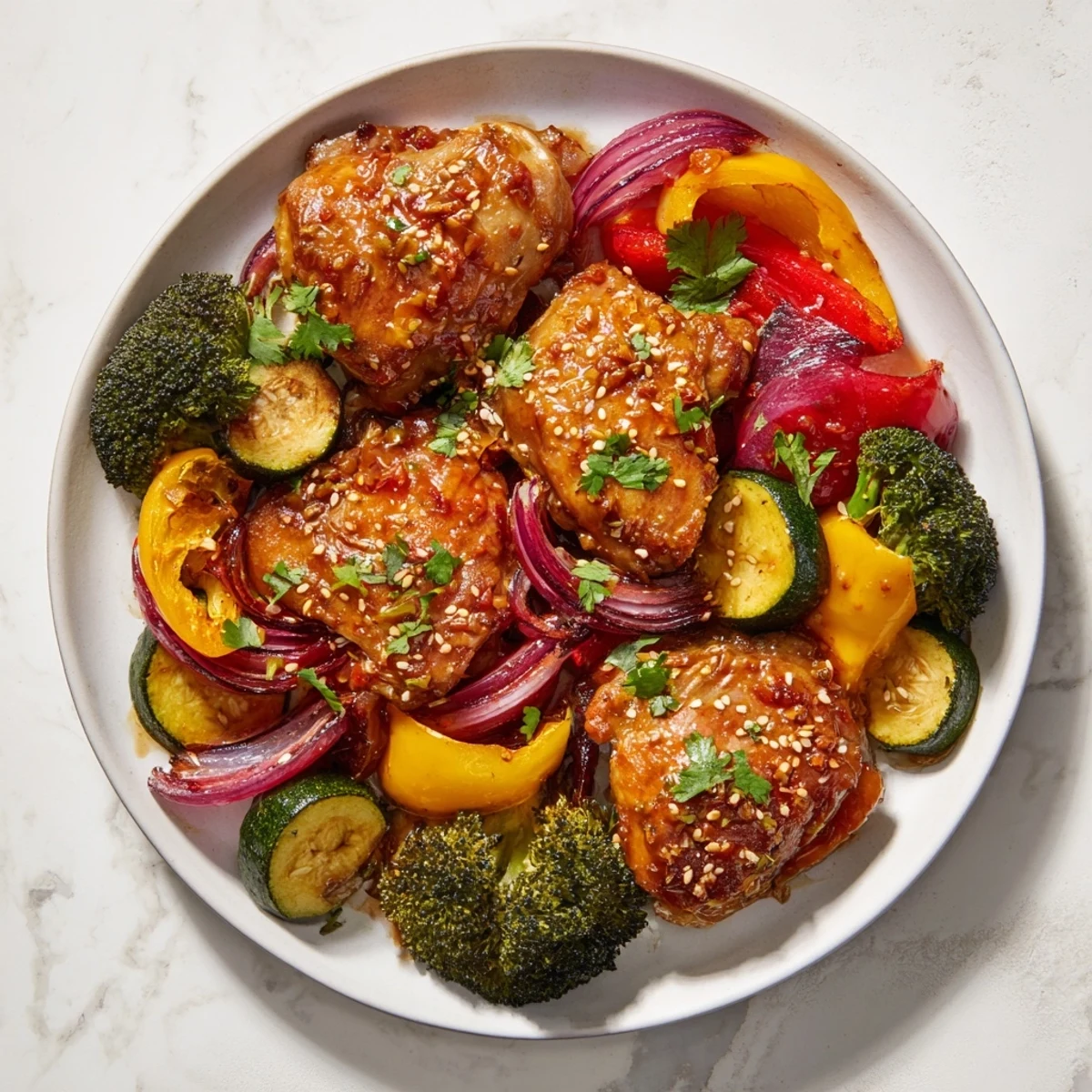 Sheet pan of Spicy Honey-Garlic Chicken: Tender chicken thighs and colorful, caramelized vegetables ready to serve and enjoy.