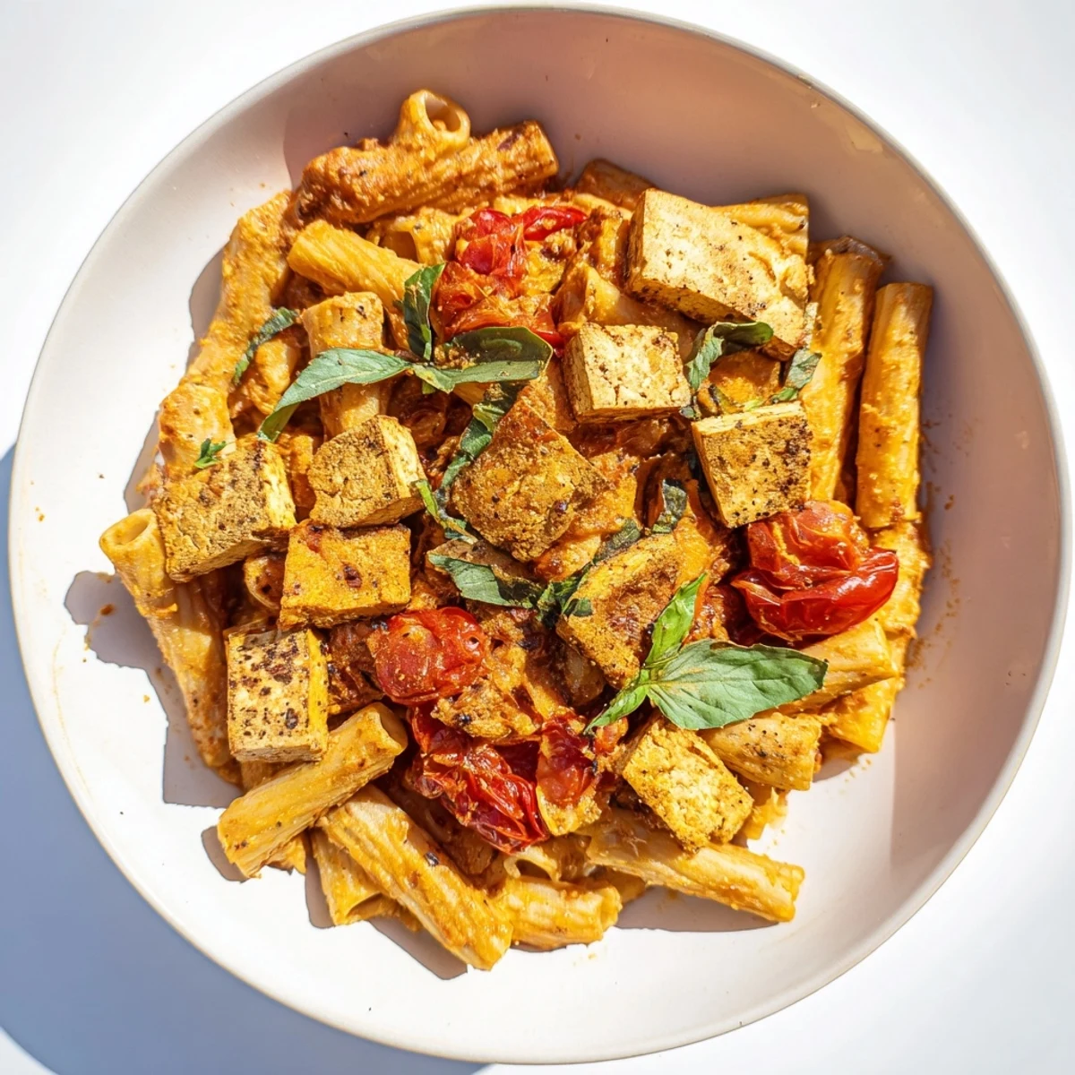 Golden baked tofu feta pasta with roasted tomatoes and fresh basil, a vegan delight.