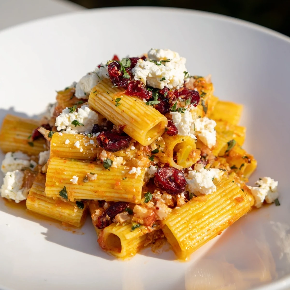 Golden, bubbly Cranberry-Sage Feta Pasta Bake, showing cranberries nestled under melted cheese and herbs.