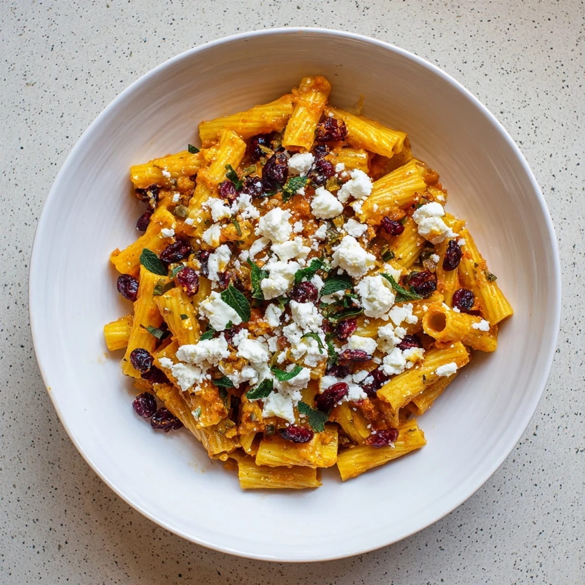 Steamy serving of Cranberry-Sage Feta Pasta Bake with visible cranberries and crumbled feta cheese.