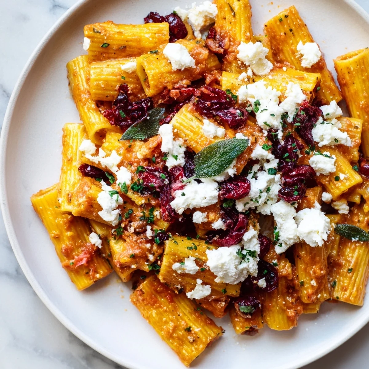 A close-up of a warm Cranberry-Sage Feta Pasta Bake, perfect for a comforting vegetarian dinner.