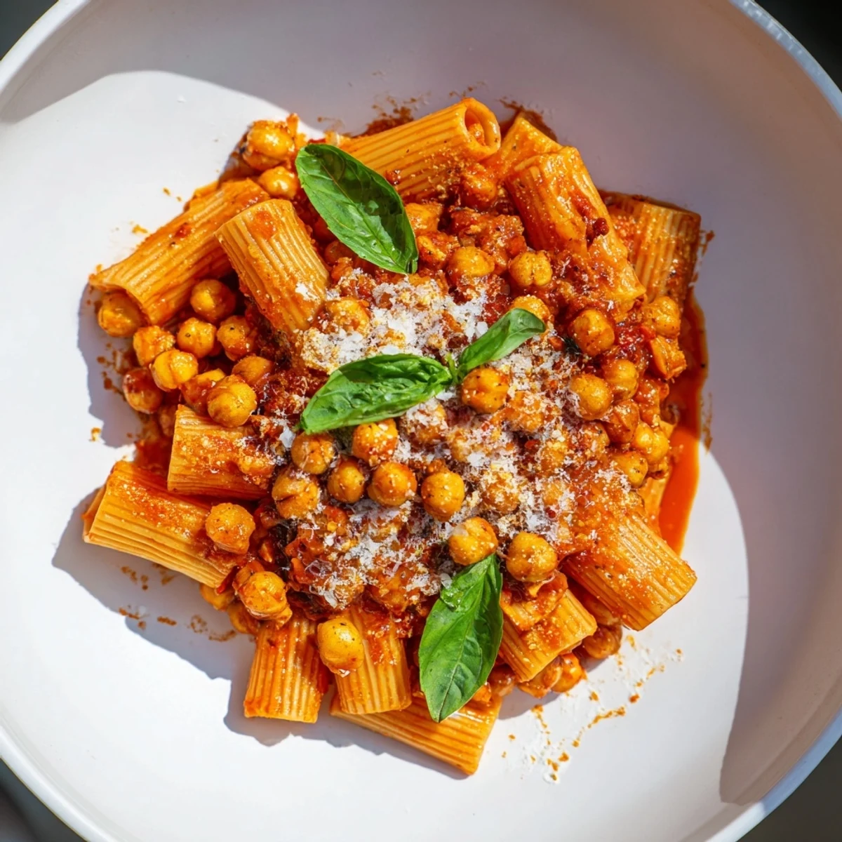 Arrabbiata Roasted Chickpea Crunch Pasta: a vibrant bowl of pasta, chickpeas, and rich, spicy tomato sauce.