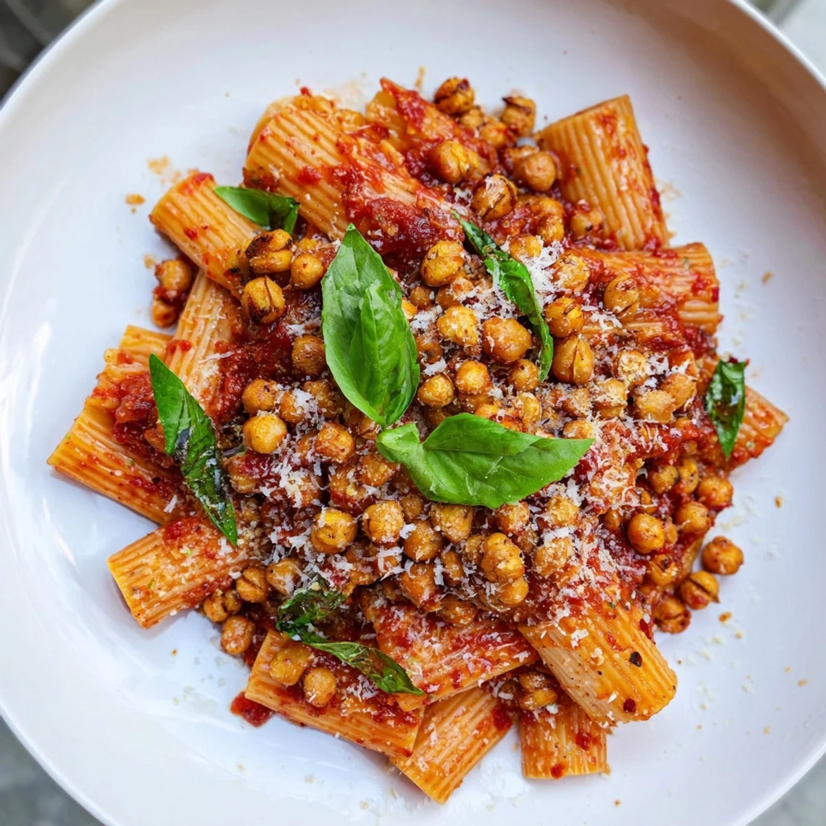 Picture a close-up of Arrabbiata Roasted Chickpea Crunch Pasta with Parmesan for a flavorful vegetarian meal.