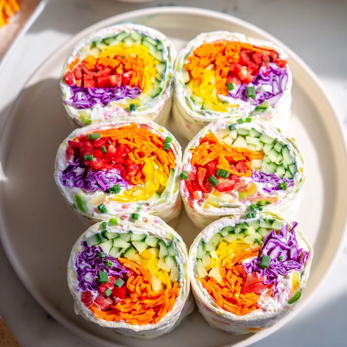 Rainbow Veggie Christmas Lights Wrap Pinwheels show a beautiful array of colorful, fresh vegetables rolled in a tortilla.
