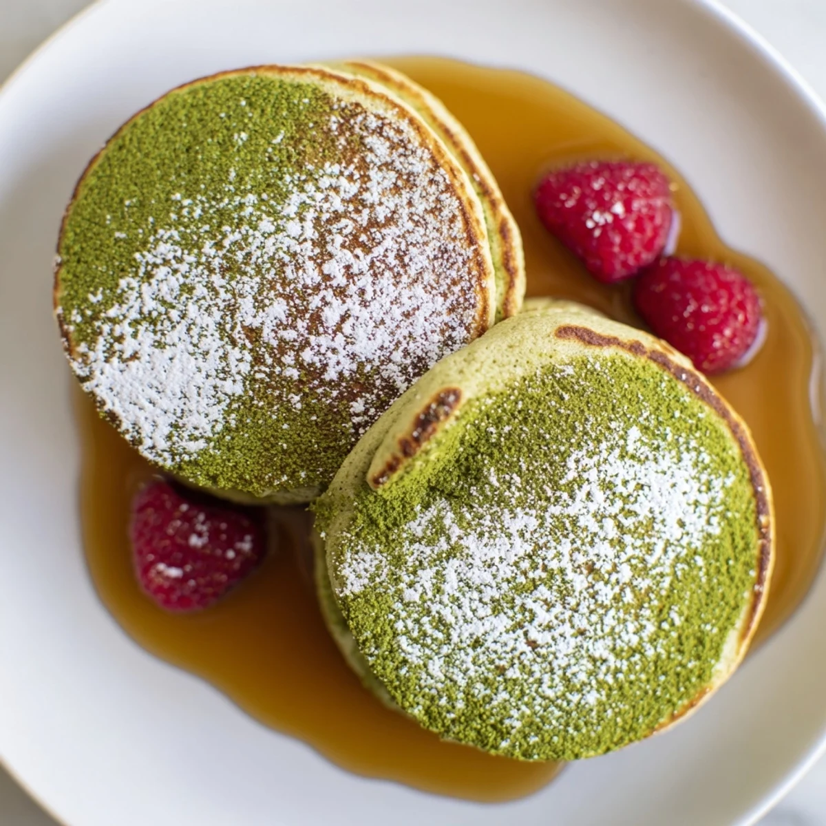 Golden-brown Egg White Gingerbread Matcha Soufflé Pancakes, soft inside and dusted with powdered sugar, look delicious.