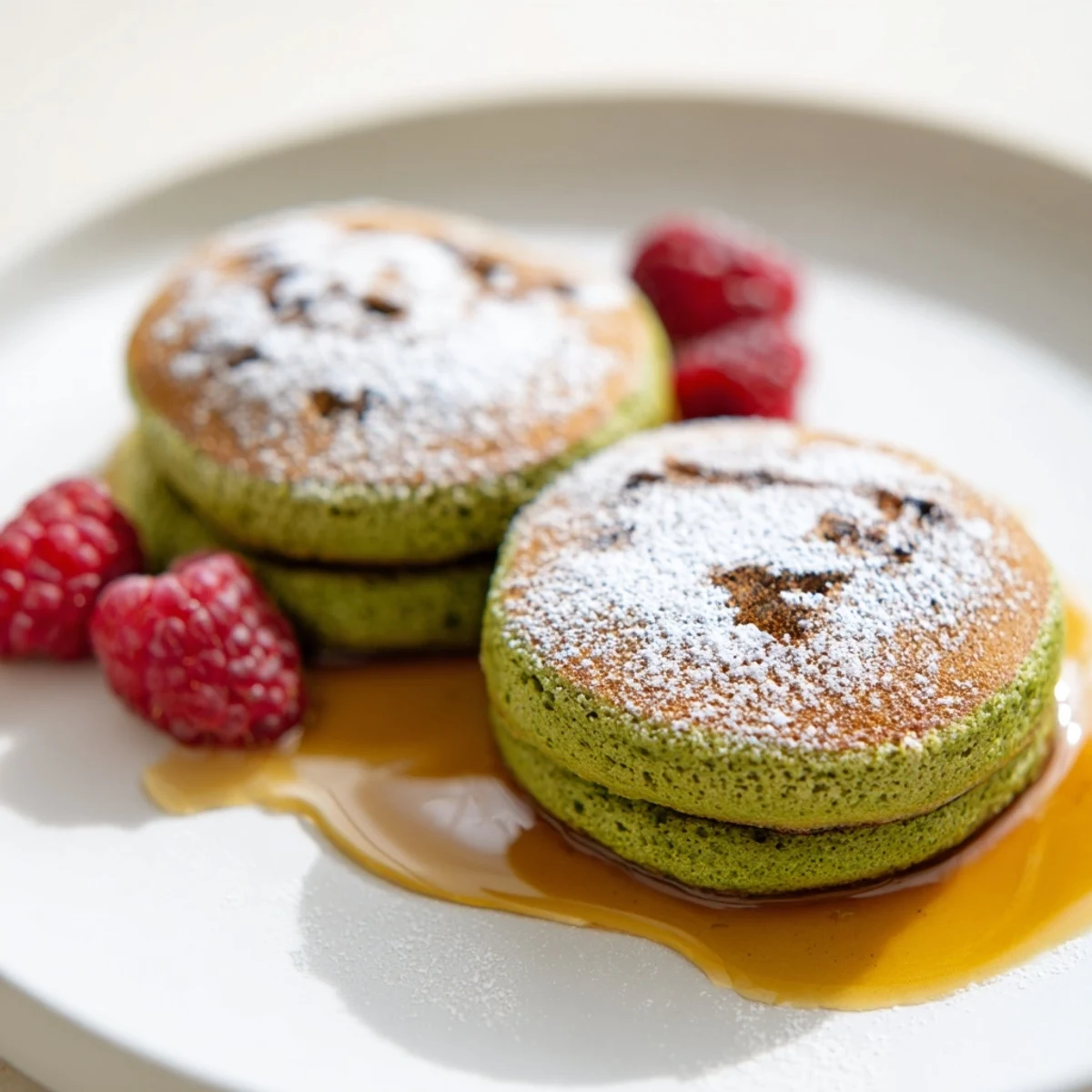 Tall, fluffy Egg White Gingerbread Matcha Soufflé Pancakes are generously topped with maple syrup and fresh berries.