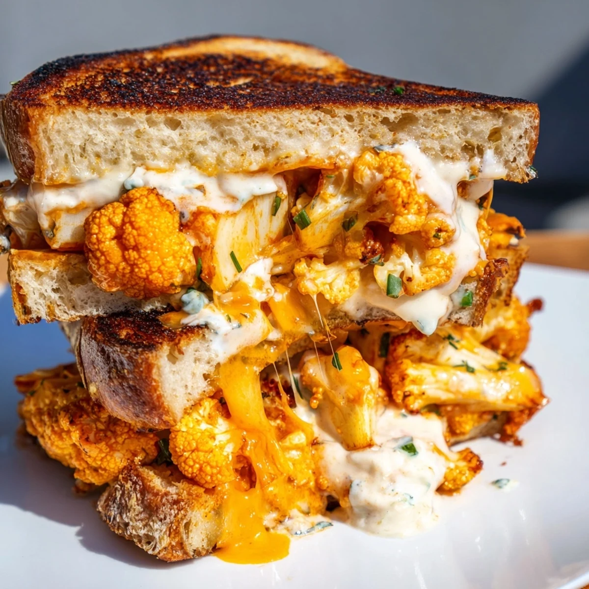 Golden-brown Buffalo Cauliflower Ranch Grilled Cheese, oozing melted cheddar, a comforting, cheesy delight.