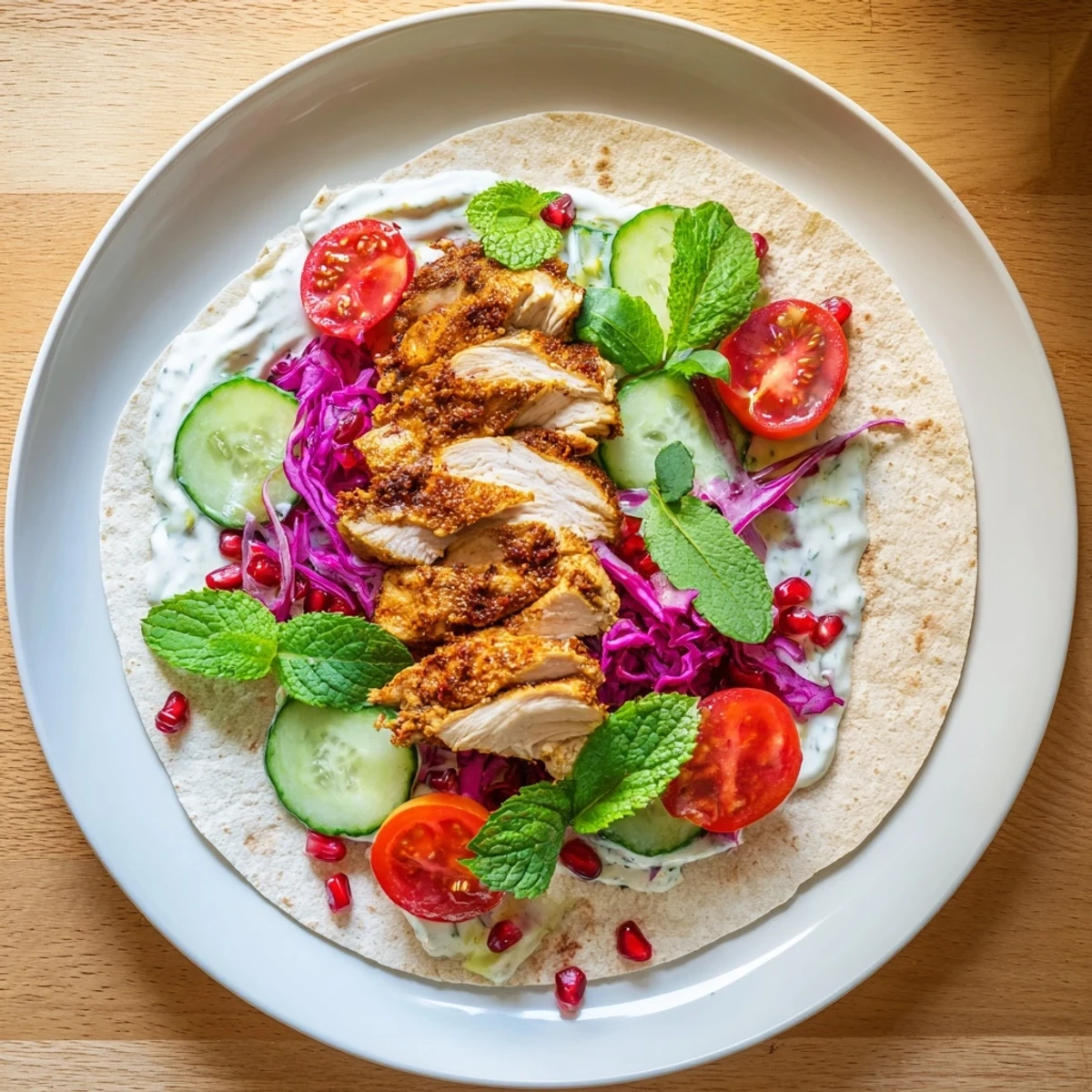 Juicy Greek Yogurt Chicken Shawarma, sliced and beautifully arranged with fresh toppings and a creamy sauce.