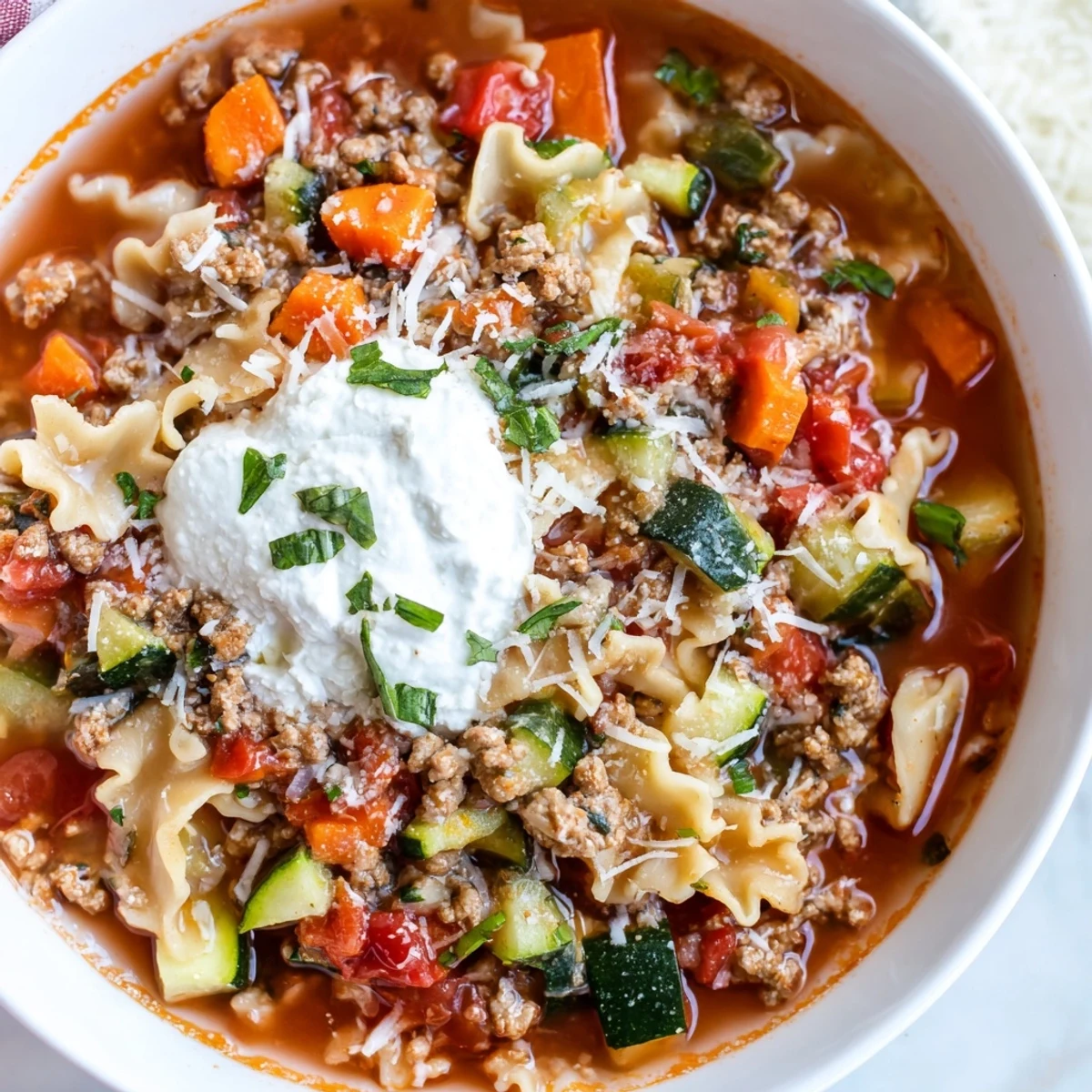 Healthy Lasagna Soup, a hearty Christmas pasta bowl, brimming with vegetables and savory turkey.