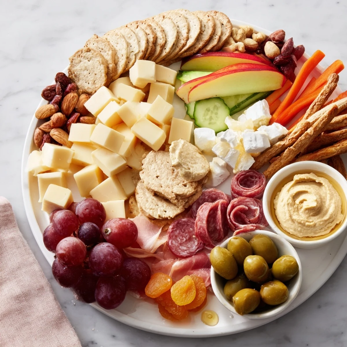 This Picnic Basket Snack Board spotlights assorted cheeses, meats, and vegetables, ready for a picnic.
