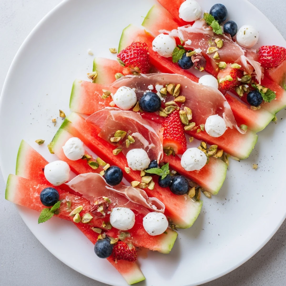 Vibrant watermelon slice charcuterie platter, loaded with fresh fruit and creamy cheese, perfect for summer.