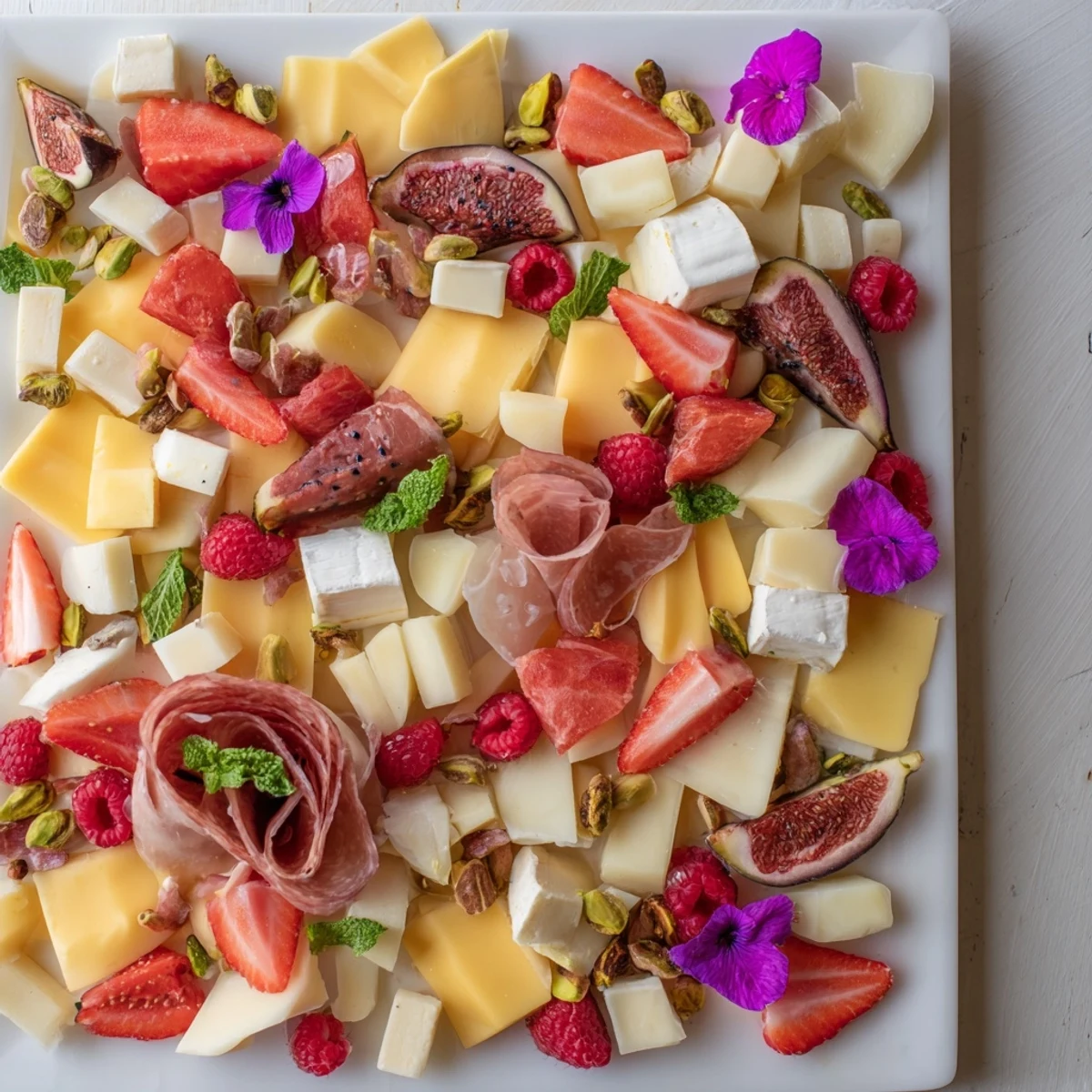 A beautifully arranged Flamingo Paradise Board with colorful tropical fruits and cheeses.