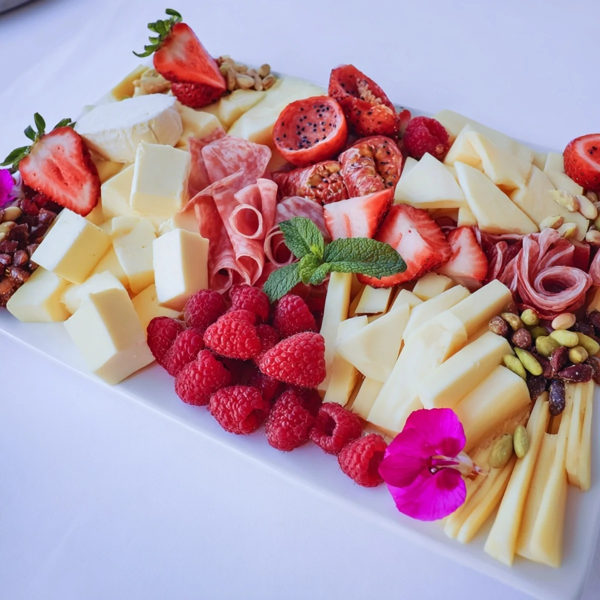 This Instagrammable Flamingo Paradise Board features strawberries, brie, and prosciutto, ready to be enjoyed.