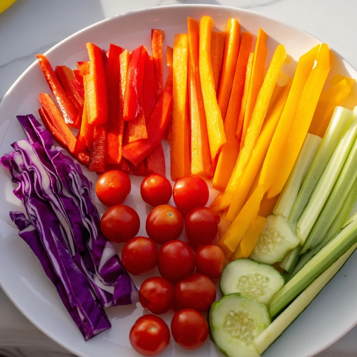 Vibrant Rainbow Arch Bright Veggie Sticks with crisp peppers, carrots, and tomatoes on a serving platter.