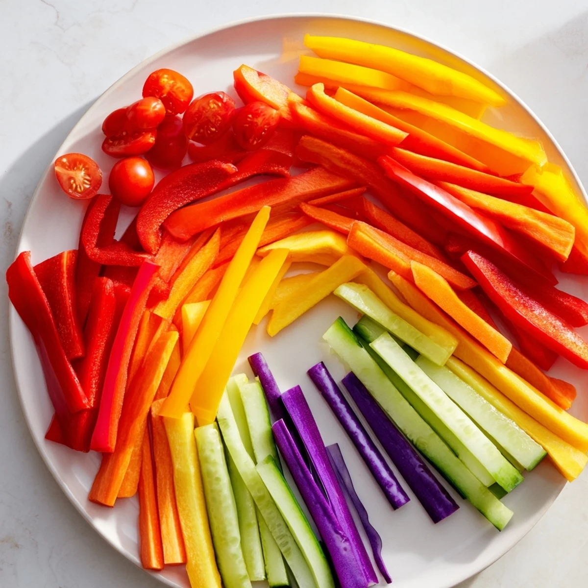 A colorful arch of Rainbow Arch Bright Veggie Sticks, ideal for a healthy and festive appetizer.