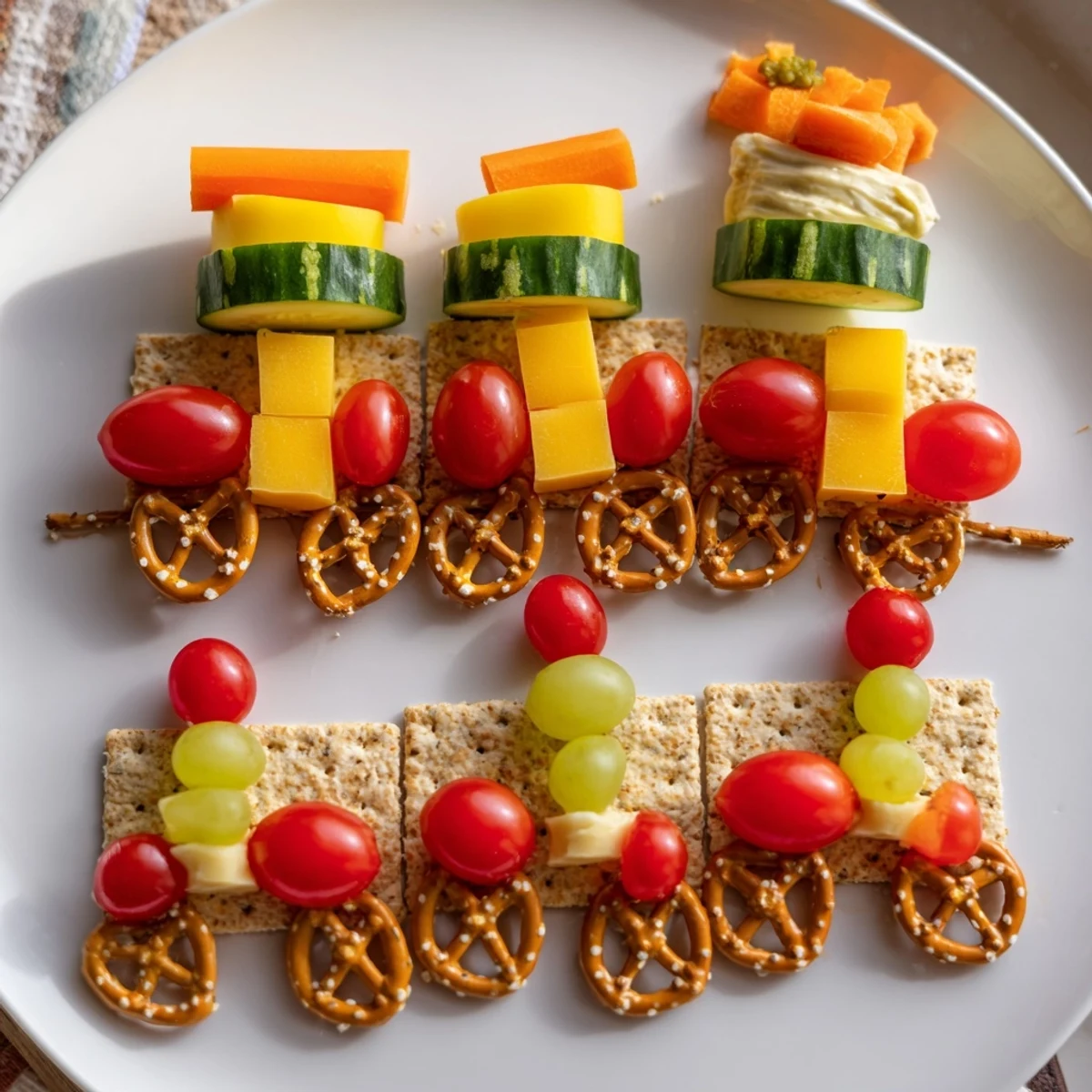 This delightful Choo Choo Train Snack Track showcases bite-sized veggies and cheese ready to enjoy.