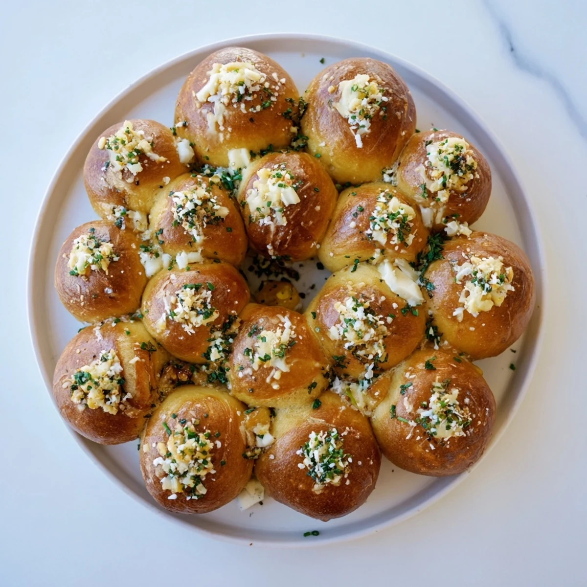 Golden-baked Pretzel Joy Wreath, a savory appetizer ring with melted cheese and fresh herbs.