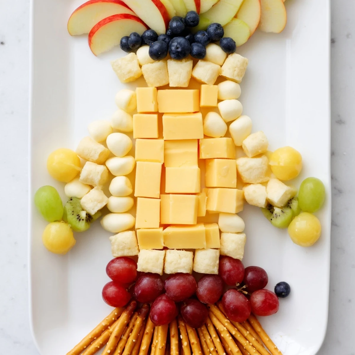 A fun-filledSpaceship Launch Snack Board complete with cheese rockets, fruit windows, and veggie flames.
