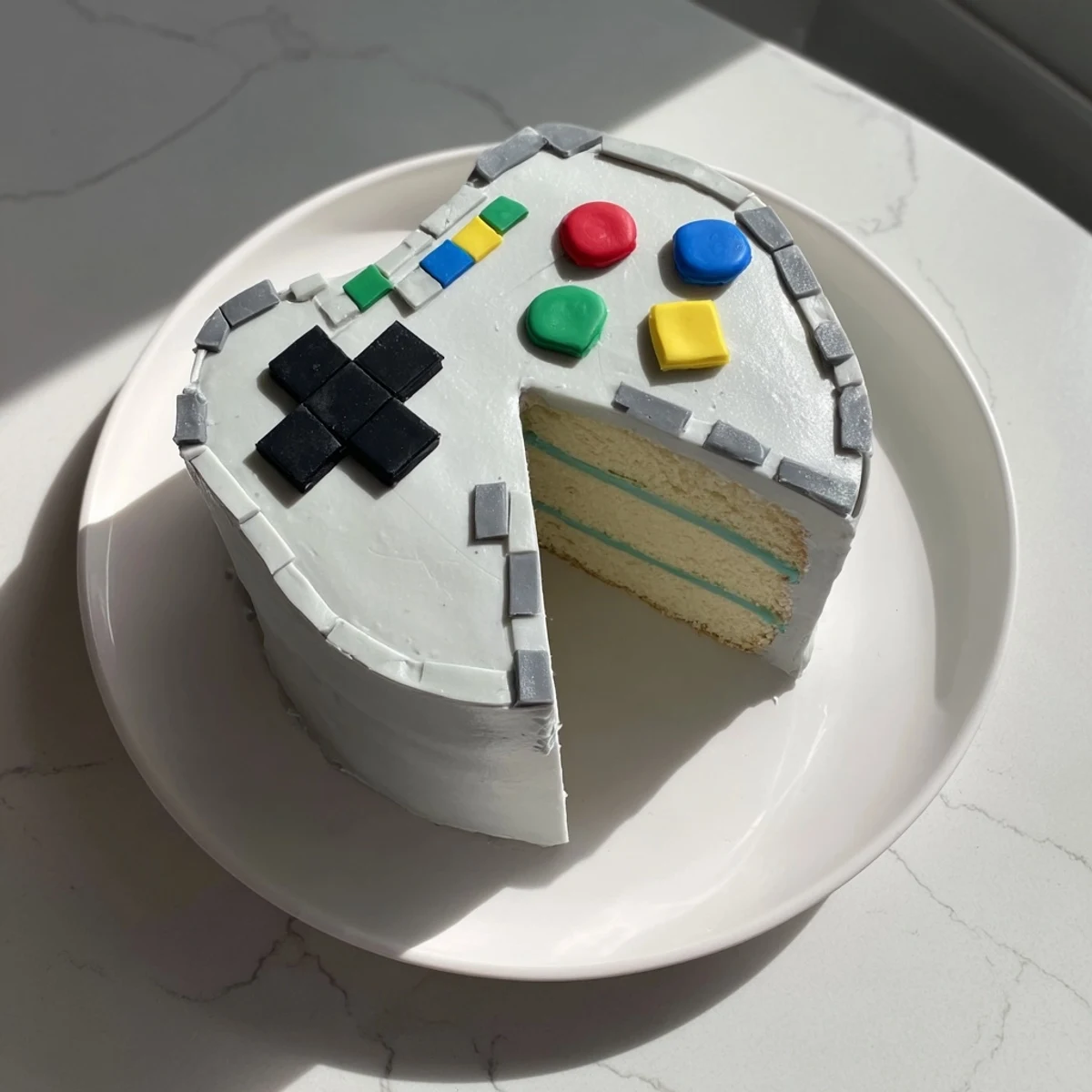 A vibrant, colorful Pixel Video Game Controller Cake, ready to be enjoyed at a gamer's birthday party.