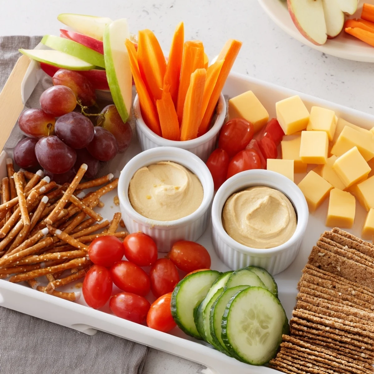 Colorful road trip snack platter loaded with fresh veggies, cheese, and a variety of delicious items.