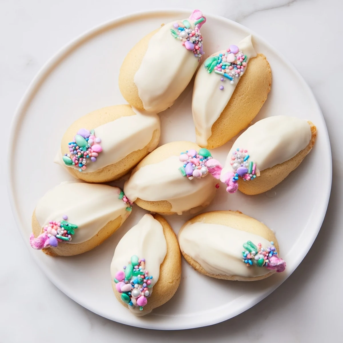 Close-up of golden Mermaid Tail Mignardises, showcasing the airy madeleine texture with beautiful sprinkles.