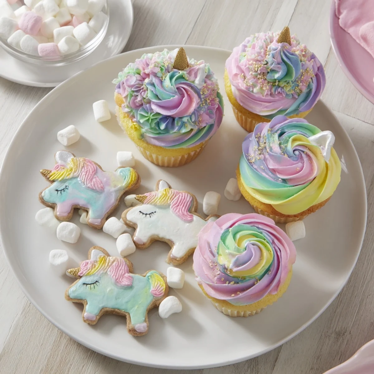 Vivid, sweet-smelling assortment: a complete Magical Unicorn Dessert Table for your party, ready to enjoy.