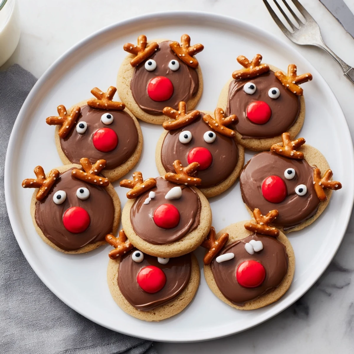 Festive Santa's Reindeer Cookie Platter, showcasing adorable cookies decorated with pretzels and candy.