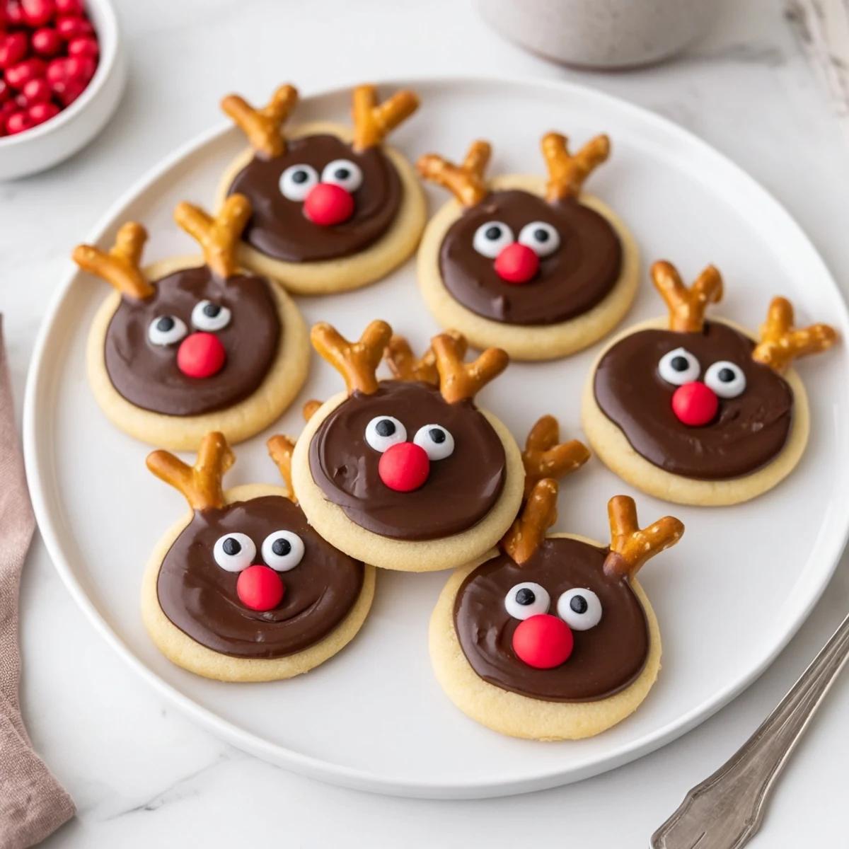 Warm, freshly-baked Santa's Reindeer cookies ready for the holidays with brown icing and pretzel antlers.