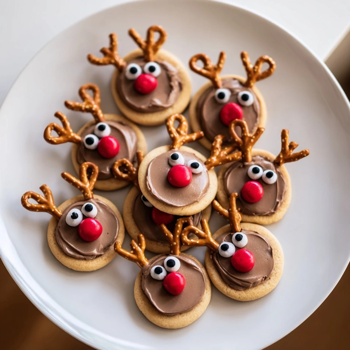 A delicious close-up of the joyful Santa's Reindeer cookie platter with glittering sprinkles & chocolate noses.