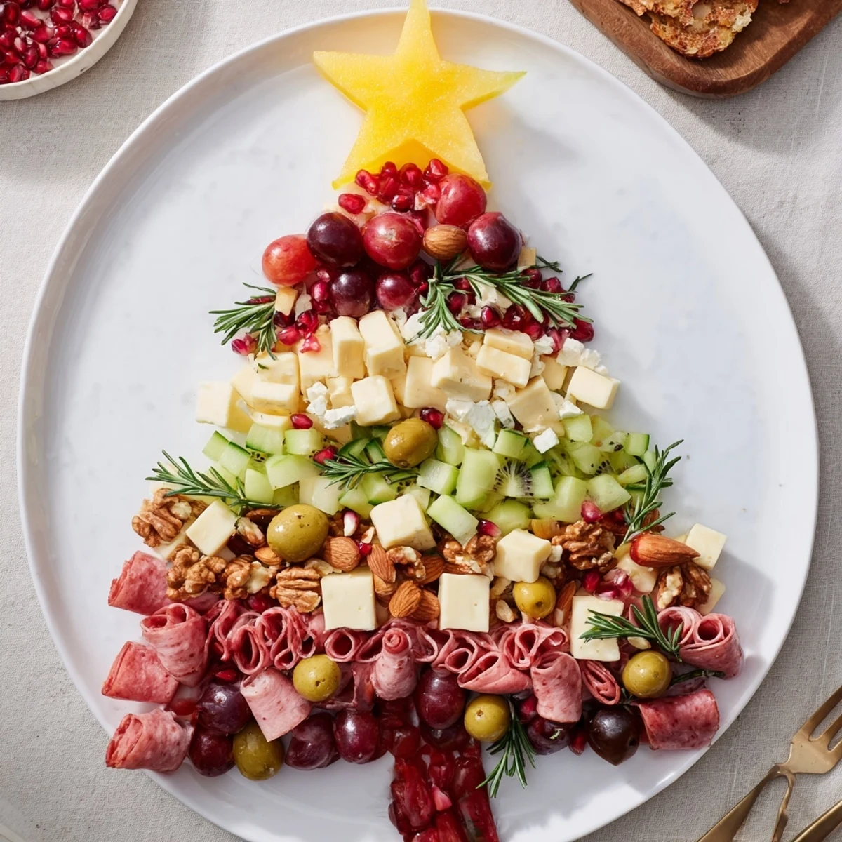 Festive Holiday Tree Appetizer Platter, a delightful arrangement of cheese, fruits, and meats for sharing.