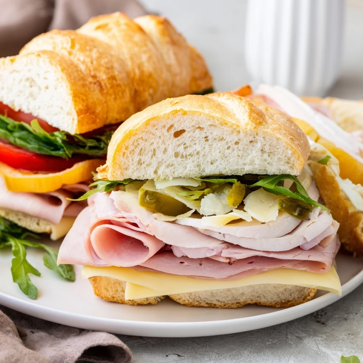 Festin du Château Royal Sandwiches: A towering spread showing layers of ham, cheese, and fresh greens arranged beautifully.