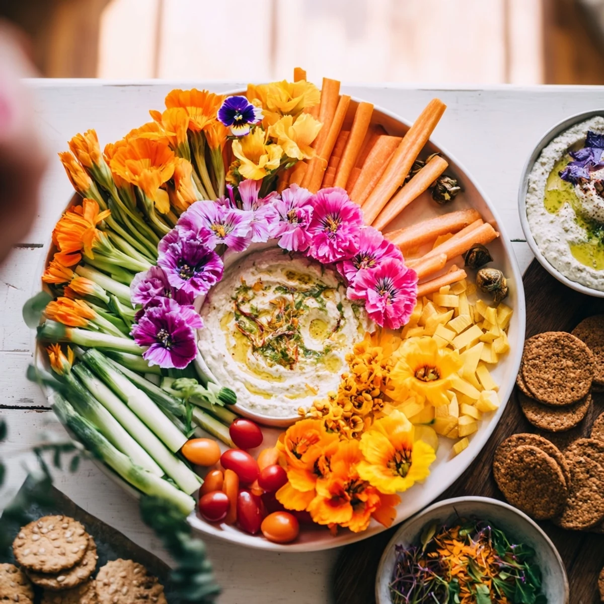 Fairy Garden Platter with vibrant edible flowers, colorful veggies, and creamy dips, ready to serve.