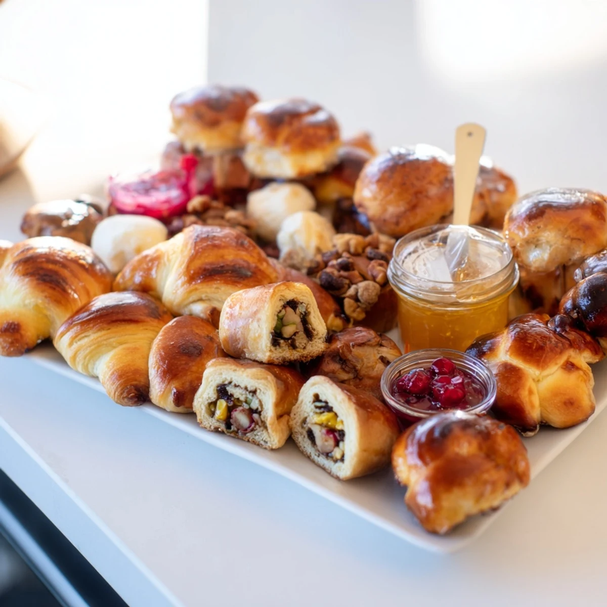 Christmas Brunch Gift Box, overflowing with treats: brioche, stollen, smoked salmon, and fruit for brunch.