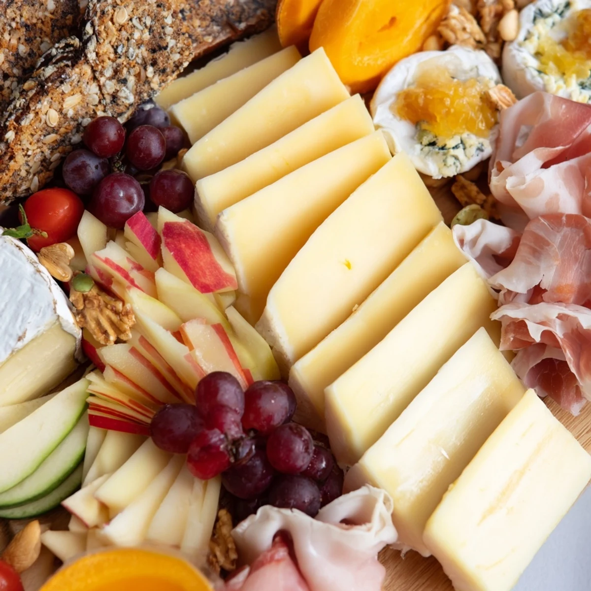 Cheval Heureux snack board displaying a colorful array of cheese, meats, fruits, and crackers perfect for sharing.