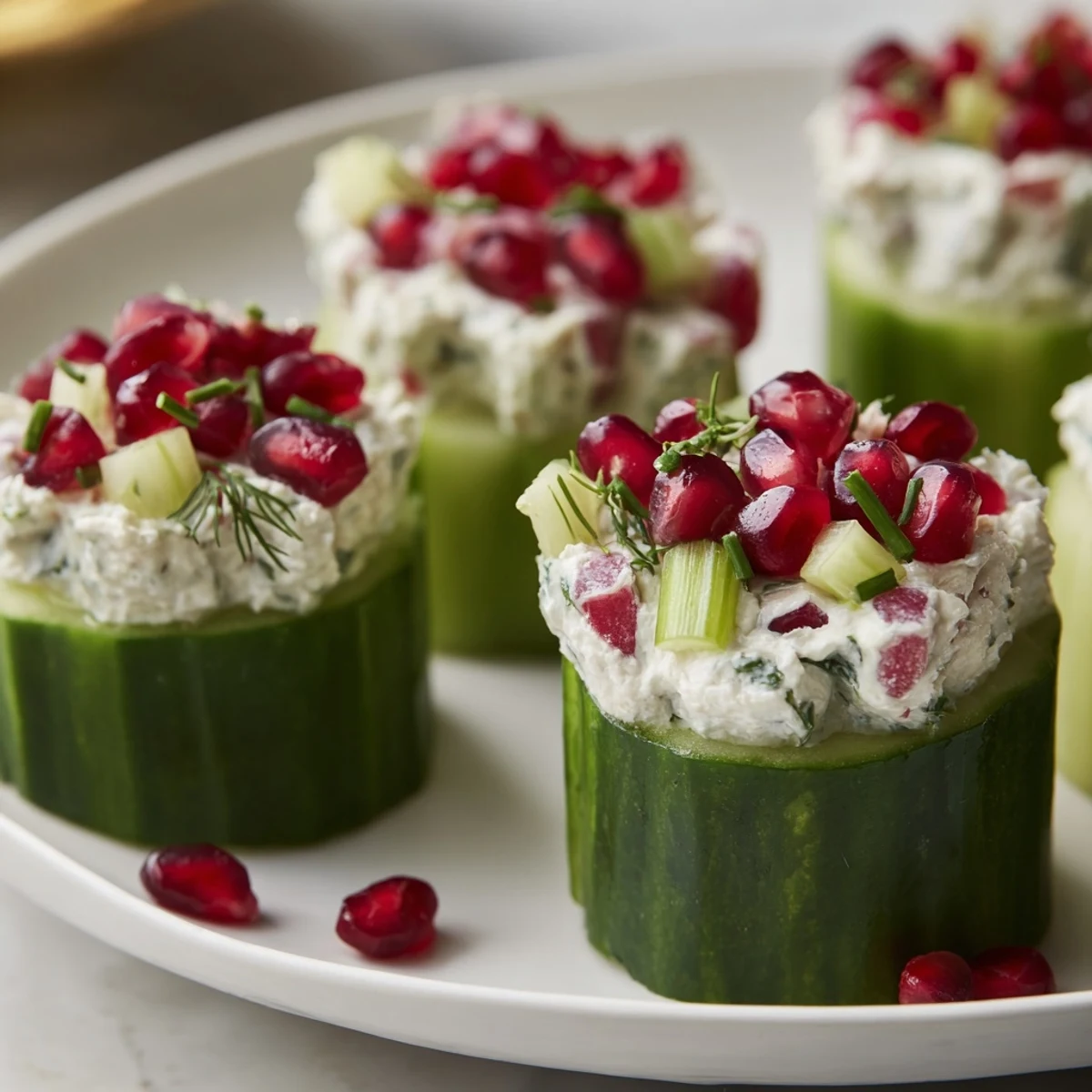 Festive party appetizer: a beautifully arranged platter of Winter Salad snowflake cucumber cups with pomegranate.