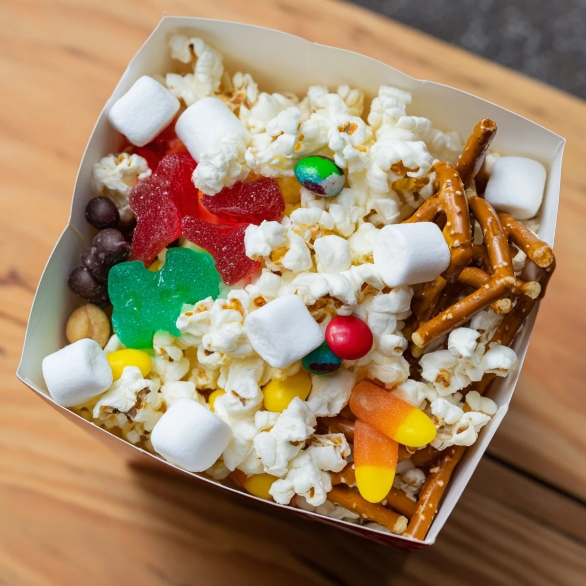 Movie Night Popcorn Box Treat Display overflowing with colorful candies, pretzels, and fresh, fluffy popcorn.