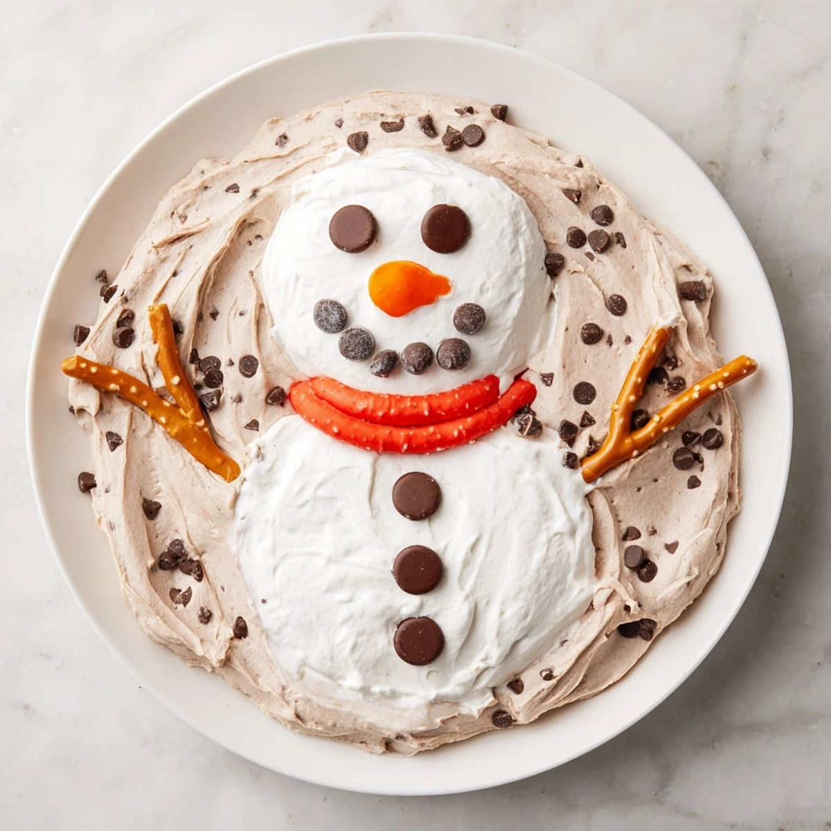Fluffy Hot Cocoa Dip snowman, detailed with chocolate chips, ready for dipping pretzels and fruit.