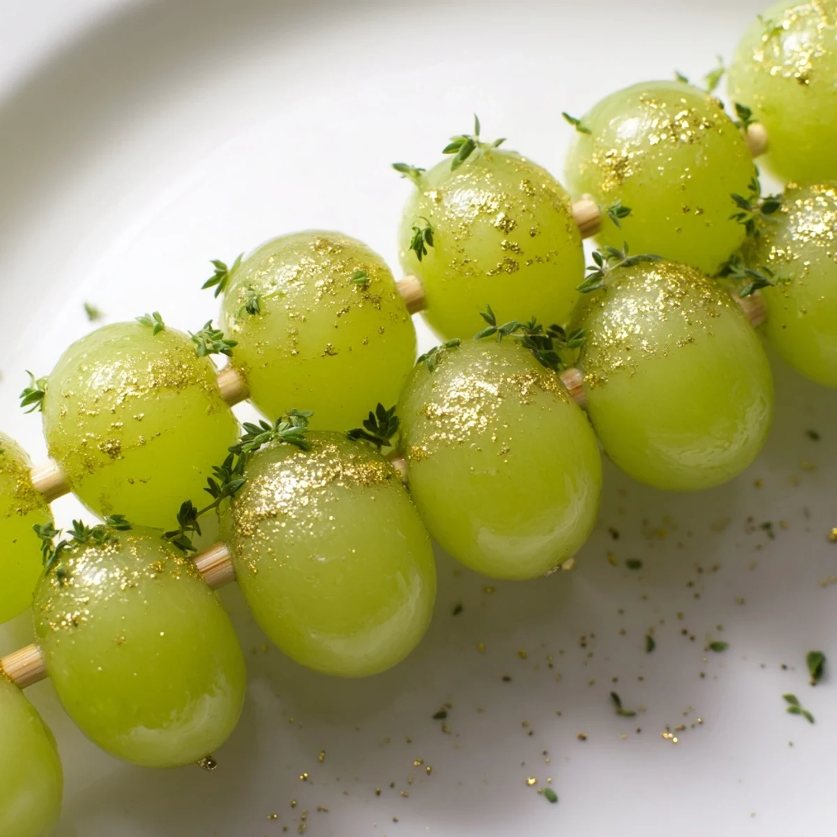 Festive Grapes of Luck skewers, featuring plump green grapes drizzled with glistening honey and gold sprinkles.