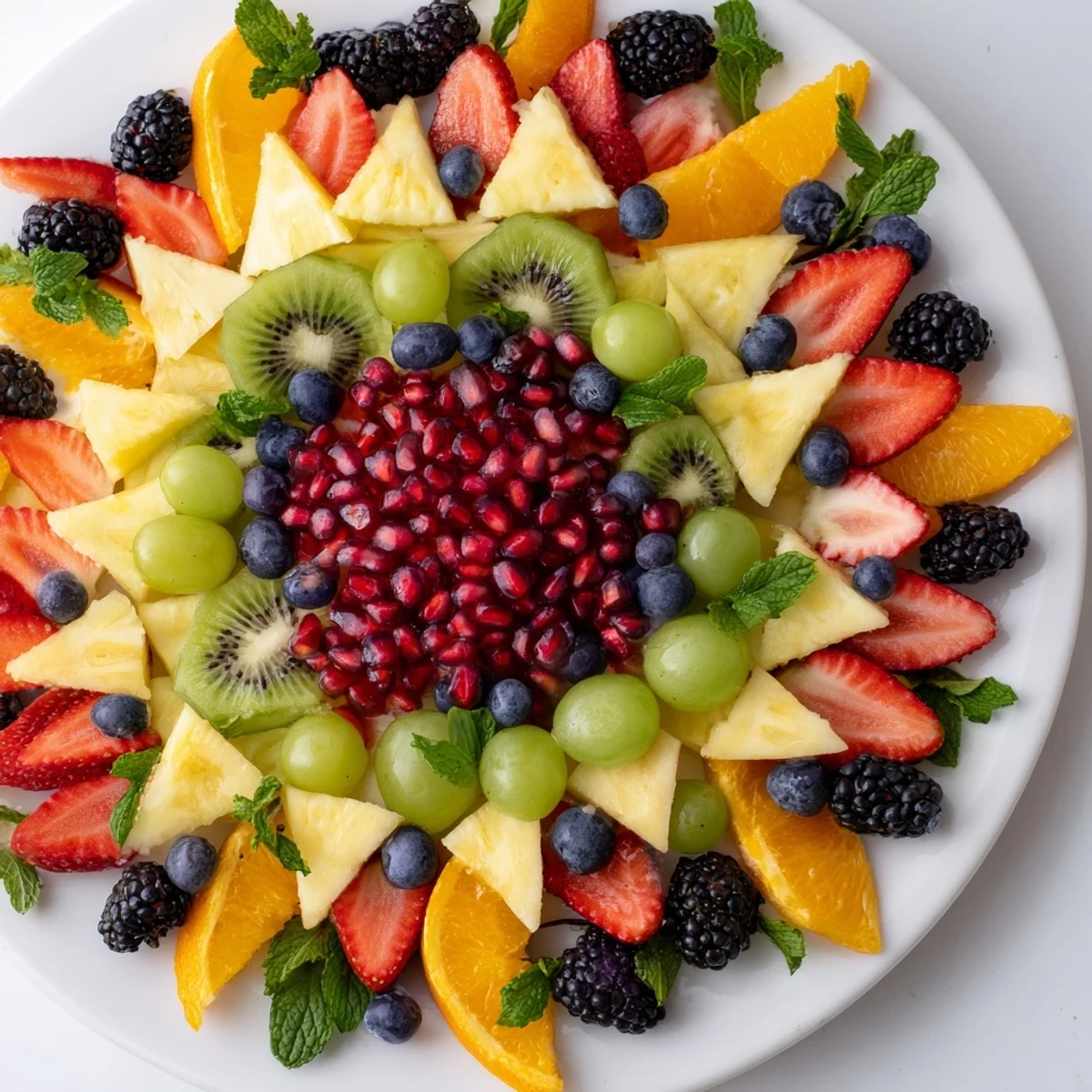 Vibrant Pomegranate Starburst Platter: Juicy pomegranate seeds and colorful fruits arranged artfully on a platter.
