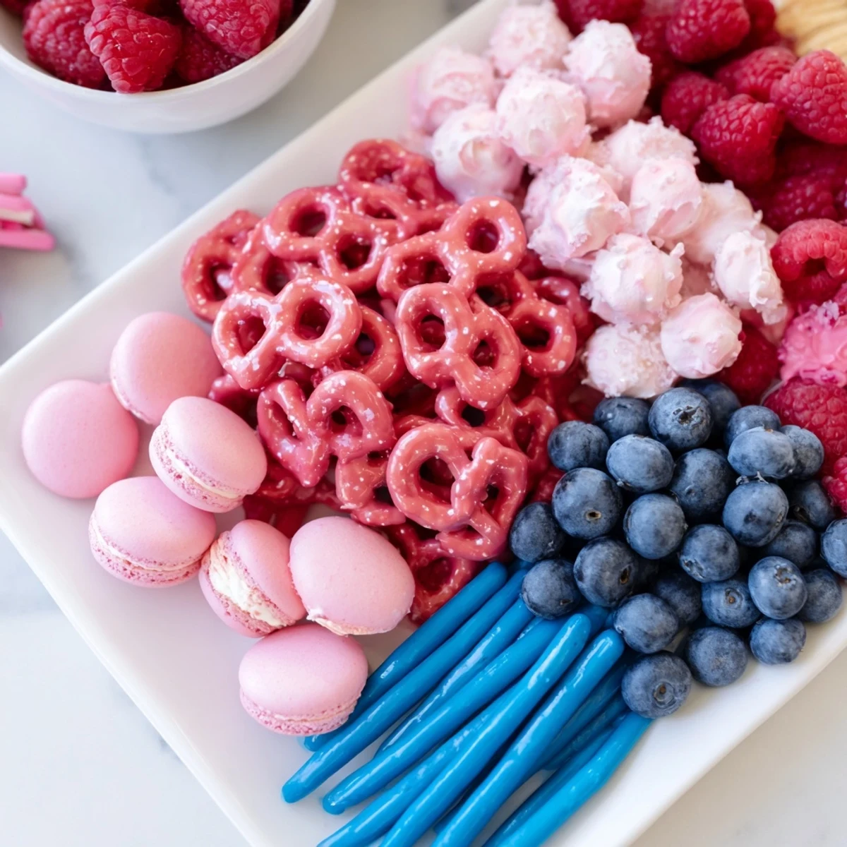 Baby Reveal snack board bursting with pink and blue snacks ready for a festive party.
