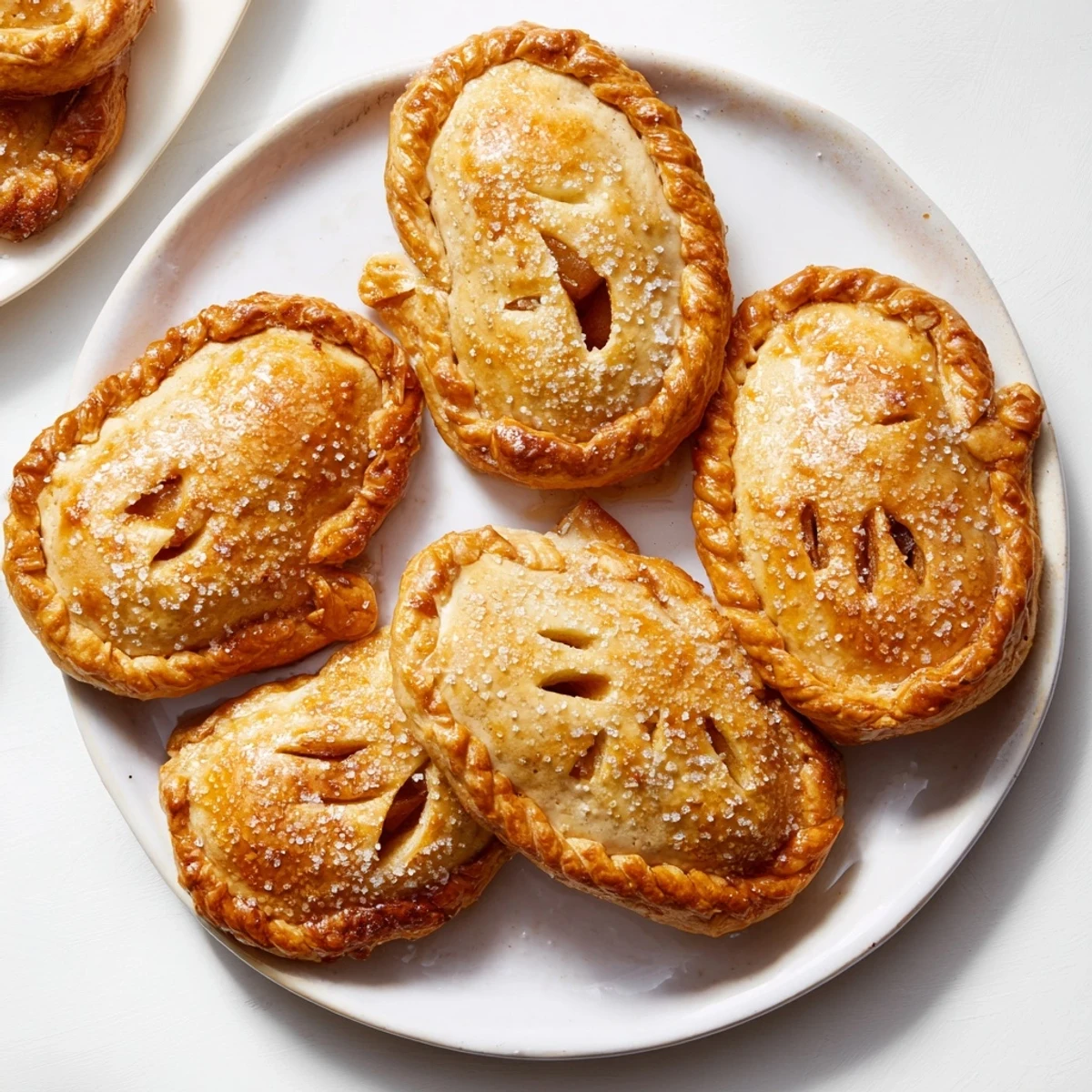 Warm, golden brown, mitten shaped hand pies, filled with spiced apples, fresh from the oven, ready to enjoy.