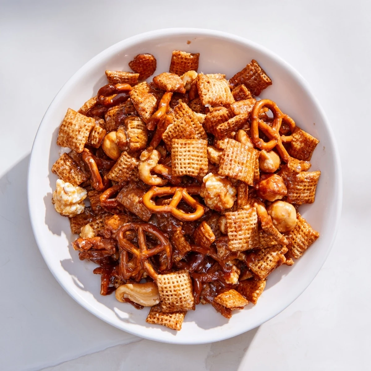 A big bowl of homemade Party Mix, with pretzels, peanuts, and apple chips, perfect for snacking.