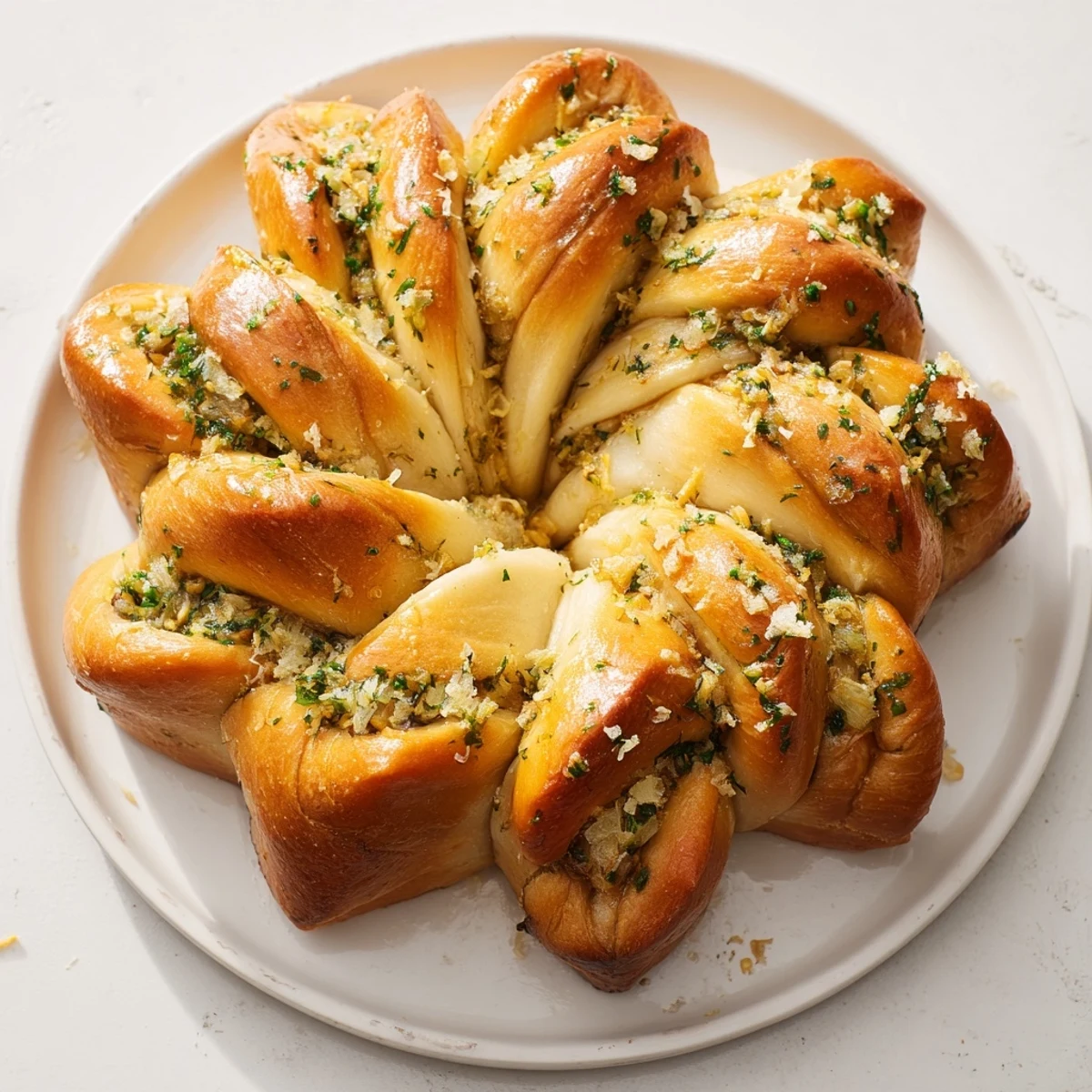 Golden, pull-apart star shaped garlic bread with visible melted butter and herbs, perfect for a cozy gathering.