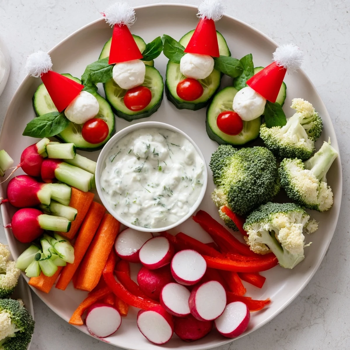 Vibrant Savory Crudités: Veggie Santa Hat Dip Platter with colorful vegetables, perfect for festive appetizer.