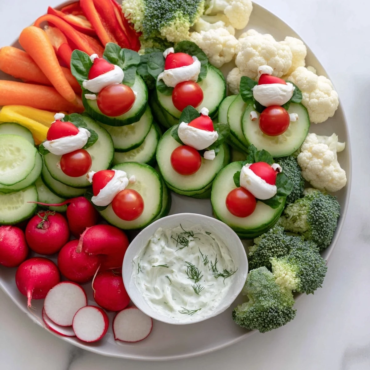 Imagine a beautiful Savory Crudités: Veggie Santa Hat Dip Platter, with Santa hat-shaped veggies and fresh herbs.