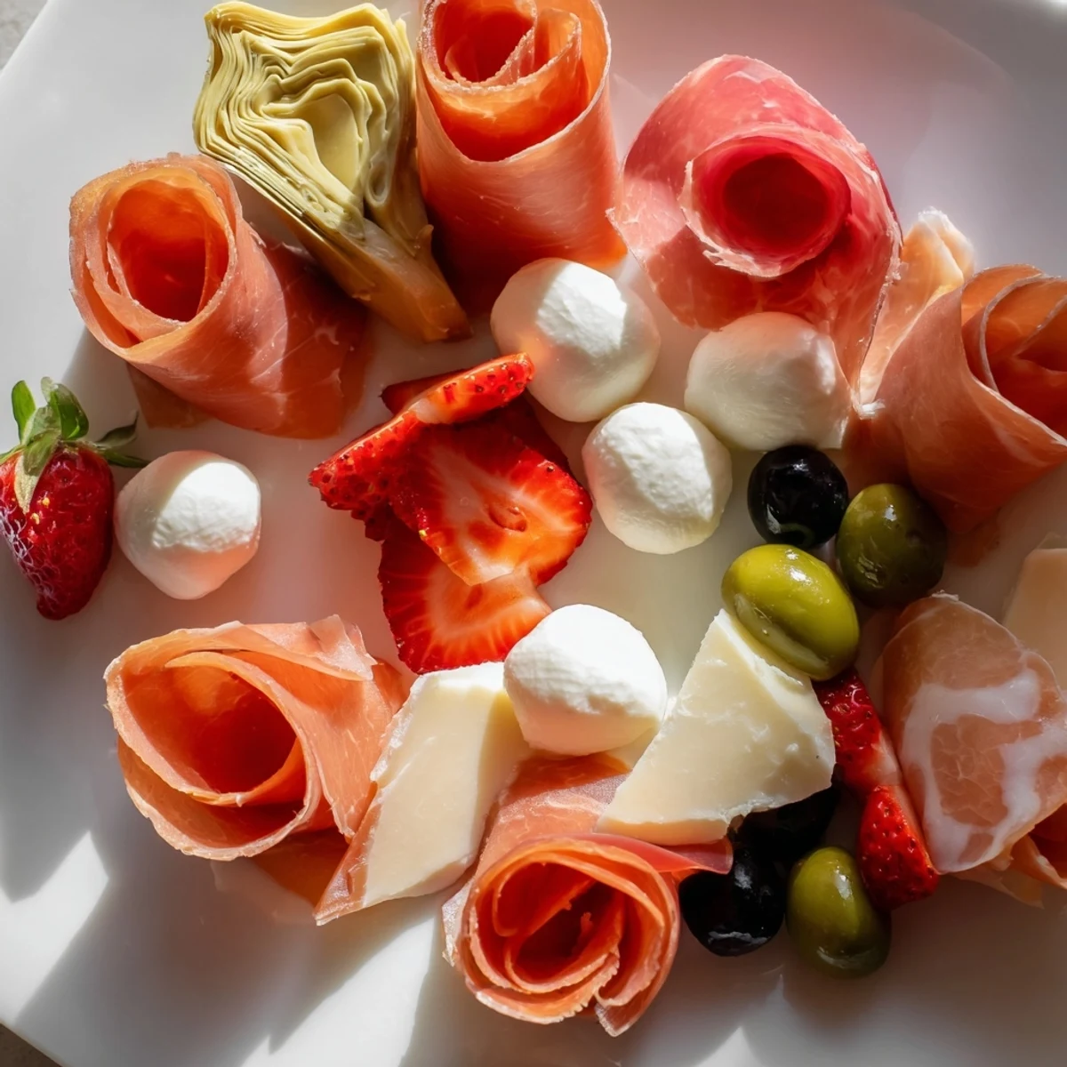 This Prosciutto Rose Bouquet Board offers a delightful spread of Italian-inspired appetizers ready to serve.